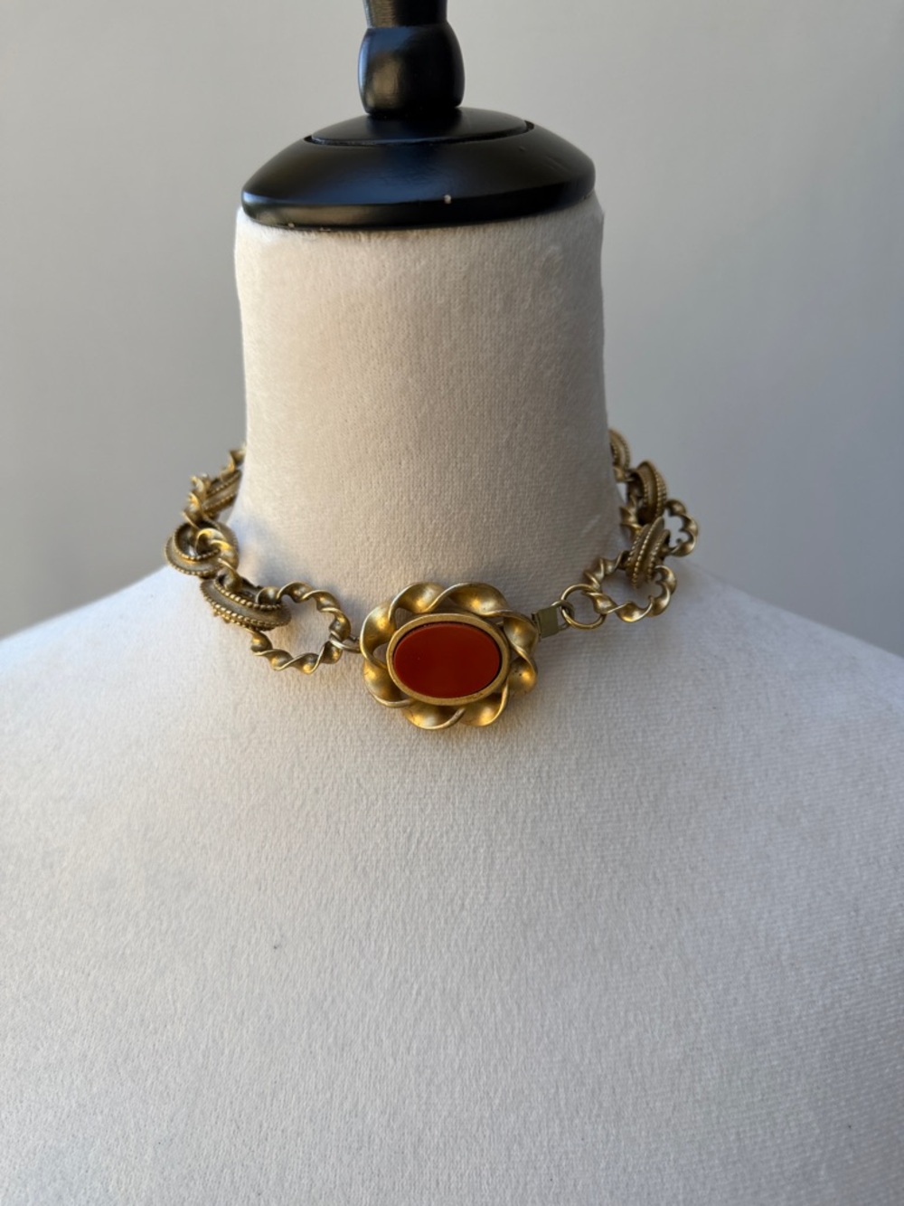 KARL LAGERFELD 1980’s Vintage Brass Link Necklace Choker w/ Orange Enamel Center